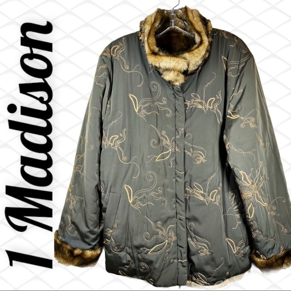 1 Madison Reversible Faux Fur Floral Embroidered Coat, Size XL - Picture 3 of 9